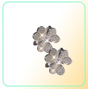 Brand Pure 925 Sterling Silver Earrings 3 Leaf Clover Flower Flow Diamond STUD WHITE GOLD 9258980644
