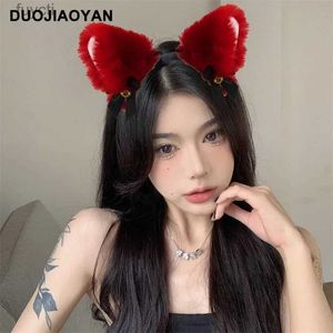 Party Hatts Japanese New Year Red Plush Bell Bow Cat Ear Festive Super Cute Animal Headband Female Wholesale YQ240120