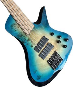 Fanned Fret 5 Cordas Baixo Elétrico Guitarra Azul Burl Burst Quilt Maple Top Roasted Maple Neck