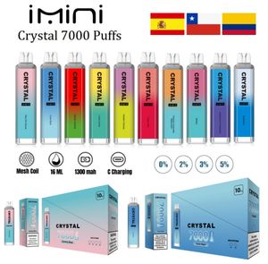 İspanyol otantik kristal puf 7000 Tek kullanımlık vape kalem 16ml 1300mAh Pil örgü bobin sigara kasırga 7000 puflar kristal buhar özel logo vaper