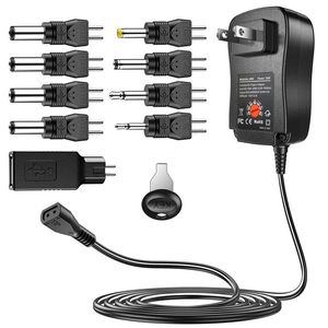 Partihandel Power Adapter 9 i 1 Justerbar spänning 3V/4.5V/5V/6V/7.5V/9V/12V Justerbar anodkatod Power Supply Adapter 12W 30W Universal Adapter för EU/US/AU/UK PLUG