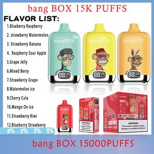 Original Bang BOX 15000 Puffs E-cigarro Descartável 600mAh Bateria Recarregável 12 Sabores 2% 5% Capacidade Bobina 26ml OEM ODM VAPE morango Melancia