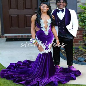 Purple Black Girls Mermaid Prom Dress 2024 Sheer Neck Velvet sydafrikanska kvällsklänningar Elegant Se genom benfiskstjärna formella tillfällen klänning spetsdans födelsedag