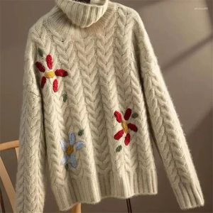 Damenpullover TPJB Blumenstickerei Wolle Rollkragenpullover Herbst Winter Soft Twist Pullover Frauen Rot Kaschmir Strickwaren Weihnachten