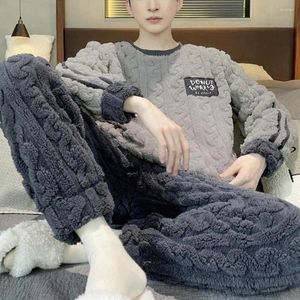 Men's Sleepwear Warm Winter Pajamas Set With Round Neck Long Sleeve Thick Twisted Texture Elastic Waist Soft Homewear