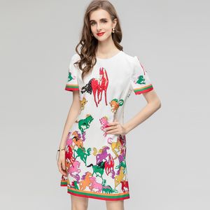 Women's Runway Dresses O Neck Short Sleeves Beaded Sequined Printed High Street A Line Mini Vestidos