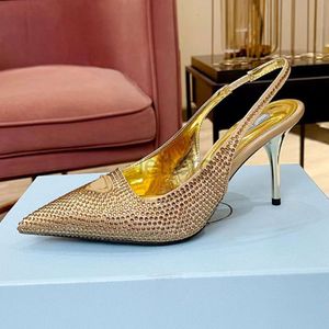 2024 Triângulo Sandálias Decorativas Femininas Rendas 7.5cm 5.5CMKitten Salto Sapatos Designer de Luxo Apontado Sapato Formal Brilhante Decoração de Cristal Clássico Festa Jantar Letterg