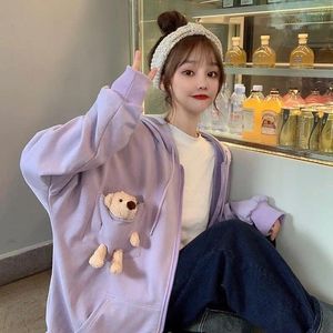 Kobiet bluzy 2024 Wiosna jesienna Kobiety z kapturem HARAJUUKU Koreański styl moda przyczynowa latarnia rękaw z kapturem słodki niedźwiedź żeński zamek błyskawiczny