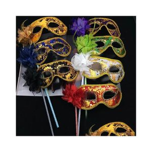 Party Masks Y Venetian Venice Holder Feather Flower Carnival Performance Purple Costume Lady Masquerade 230216 Drop Delivery Home Gard Dhep3