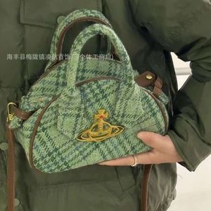 Viviennes Westwoods High version Viviance Green Checkered Harris Wool Bowling Bag Handheld Advanced Single Shoulder Diagonal Straddle Bag Women