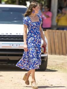 Princess Kate Middleton Women'S Holiday High Quality Summer Girls Bohemian Elegant Blue Print Celebrity Casual Party Midi Dress