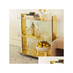 Wohnzimmermöbel, Acryl, goldener Spiegel, 3 Etagen, Rollwagen, modernes Design, Beistelltisch, transparent, mit Rollen, Aufbewahrung, Nachttisch, 28 L x 1 Dhmns