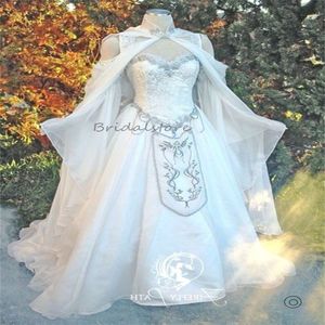 Medeltida bröllopsklänningar Elven Cape Hood Fairy långa ärmar Lace broderi renässans keltiska brudklänningar fantasi viktoriansk brud klänning älva robe de mariee 2024