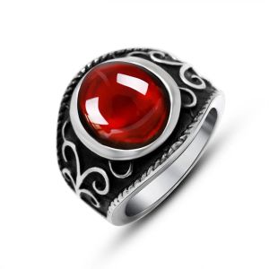 Vintage 14K White Gold Gothic Rings for Men And Women Engraved Flowers With Red Garnet Natural Stone Fine Jewellery