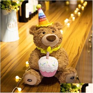 Plyschdockor p 37 cm söt Bear Electric Doll Birthday Hat Teddy Sing Interactive Game Home Decor Kid Gift Baby Early Education Toys Drop Dh8ap