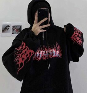 Women's Hoodies Cool Autumn Fire Print Hoodie Woman Black Loose Hip Pullover Sweatshirts