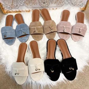 2024 New Sandals ladies suede leather top quality Sliders Mule Slipper Women Summer Fashion shoes classic Outdoor walk flat Casual shoe Slide With box loafer sandale