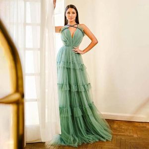 Festklänningar A-Line Illusion Prom V Neck ärmlös Sexig backless Dreamy aftonklänning Mesh Dress Tulle Vestidos de Gala
