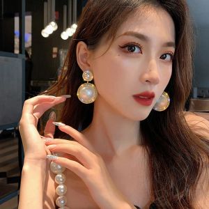 Big Round Pearl 14k Yellow Gold Earrings Elegant Crystal Wedding Earrings for Women Exaggerated Girl Party Jewelry 2024 New