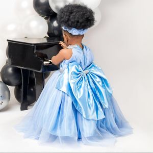 Iceblue Flower Girl Dresses Halter Bow Tiered Tulle Ruffles Ball Gowns Flowergirl Dress Princess Queen Rehinestones Birthday Party Dress Gowns for Girls NF014