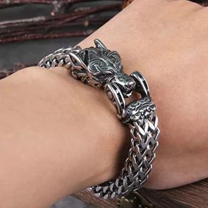 Norse Viking Wolf Bracelet for Men 14K White Gold 12MM Mesh Link Chain Open Wolf Mouth Mens Bracelets Nordic Jewelry 21/23CM