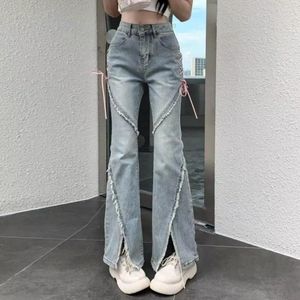 Damen Jeans Hop Frauen Hip Ripped Flared Saum Strap Dekor Baumwollmischung Hohe Taille Knopf Reißverschluss Patchwork Lange Hose