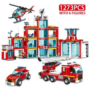 Blocos de cidade, estação de bombeiros, escada, caminhão, helicóptero, carro, barco de resgate, bombeiro, modelo de aeronave, blocos de construção, brinquedo para menino, presente