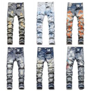 Мужские джинсы Мужские рваные узкие джинсы Slim Fit Denim Разрушенные джинсовые брюки в стиле хип-хоп для мужчин Вышивка в стиле пэчворк рваные для тренда Брендовые мотоциклетные брюки Мужские лыжные