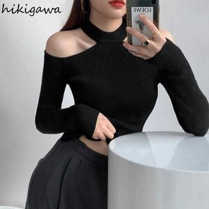 Women's Blouses Shirts Sexy Black Pullovers Women Clothes Sueter Mujer Long Sleeve Tunic Off Shoulder Knit Sweater Y2k Tops Hollow Out Cropped YQ240120