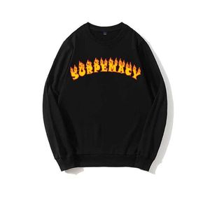 Surpemacy Men T-shirt Women Sweatshirt Top Autumn American Fashion Flame Couple Wild Long-sleeved Oversized Round Neck Letters on Fire Print Thrash Gothic Tee