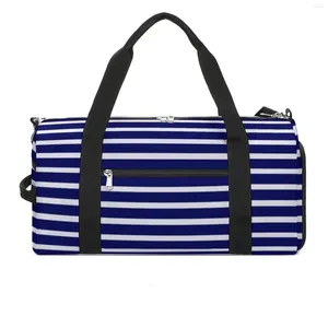 Sacos ao ar livre saco de ginásio azul branco listrado esportes com sapatos verão listras náuticas masculino feminino bolsa retro viagem fitness