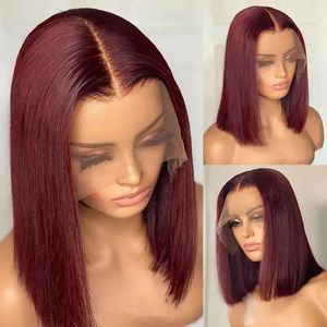13x4 99J Short Bob Wig Human Hair Dark Red Burgundy Color Full Frontal Bob Wigs Blunt Cut Bone Straight Front for Black Woman