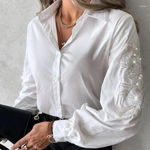 Kvinnor Bluses Floral Sequin Button Top Women Embroidery T Shirt Single Splice Shirts Wid Down Collar Casual White Spring 2024