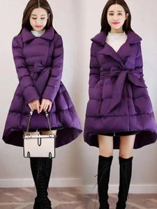 Trench da donna 2024 Inverno Donna Elegante viola A-line Parka con cintura Coreano Solido spesso caldo piumino Casual carino cappotti