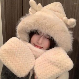 Berets Bear Hat Autumn And Winter Women's Scarf Gloves One-piece Hooded Cute Warm Plush Three-piece Set Versatile