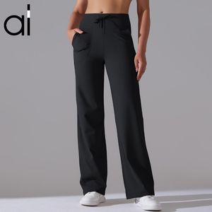 AL Yoga Sweatpants Scholar Straight Leg Trousers Women Sweat Wicking Loose Wide Leg Full Length Sport Pants Laidback Streetwear City Jogger with Drawstring Pockets