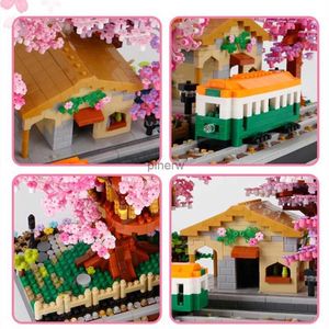 Sakura House Tree Trains Station Model Buildings City Street View Assemble Blocks Diamond Constructor Toys for Gifts