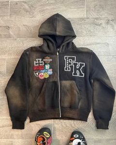 Herrtröjor tröjor amerikanska high street vintage brev tryck hoodie män y2k goth harjuku mode gata blixtlås hoodie par lösa tröja j240120