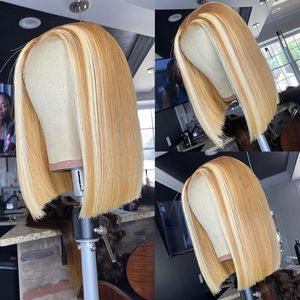 Ombre blondinhöjd spetsar främre peruker brasilianskt mänskligt hår peruk för kvinnor rakt kort bob mänskligt hår spets peruk baby hår