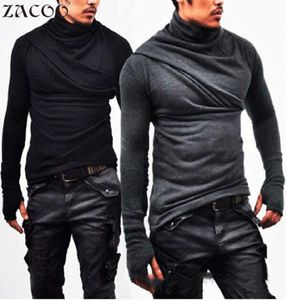 Zacoo Gothic Men Black T Shirt Solid Kabnię Koszulka Super Long Rleeve z rękawiczkami Casual Tees Solid Men039s ciepłe topy San01541762