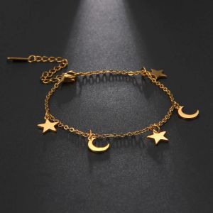 Fashion 14k Yellow Gold Pentagram Moon Pendant Anklet Girls Summer Beach Exquisite Cute Accessories Gift