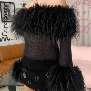 Kvinnors blusar skjortor Cryptographic Fashion Off Shoulder Fluffy Fur Knit Tops For Women Elegant Club Party Long Sleeve Croped Top Pullover Streetwear YQ240120