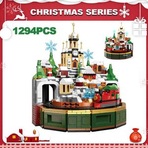 Blöcke Kreative Weihnachten Serie Schloss Spieluhr Bausteine Street View Zug Modell Montieren Mini Ziegel Spielzeug Für Kinder Erwachsene 240120