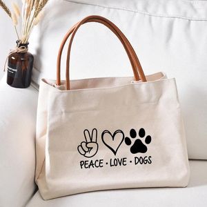 Alışveriş çantaları barış aşk köpekleri baskılı mektuplar baskılı tuval toote çanta hediye evcil hayvan tarzı iş kadın bayan moda plajı