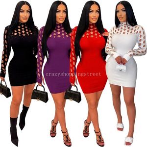 2024 Designer Knitted Dress Women Fall Winter Clothes Long Sleeve Bodycon Dresses Sexy Hollow Out Sheath Dress Night Club Party Wear Streetwear Wholesale