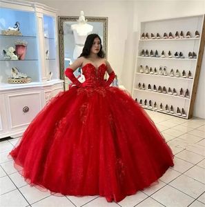 Sexy Red Ball Gown Celebrity Quinceanera Dresses Sweetheart Neck Lace Appliques Sparkly Sequins Long Prom Birthday Dress For 16 Girls Party