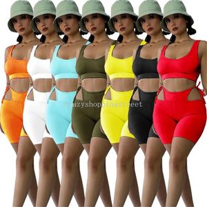 2024 Designer Tracksuits Summer Outfits Women Two Piece Set ärmlös Tank Crop Top Cut Out Shorts Matching Casual Solid Sportswear Bulk grossistkläder