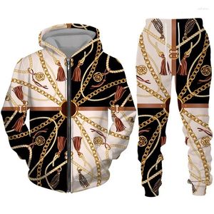 Herrspår 2024 Fashion Luxury Gold 3D Printing tröja Set dragkedja hoodie byxor och kvinnors casual sportsslitage