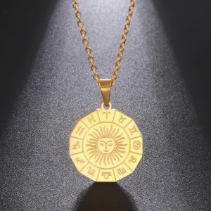 Helios 12 Constellation 14k Yellow Gold Necklaces For Men Women Astrology Amulet Pendant Retro Necklace Charms Jewelry Birthday Gifts