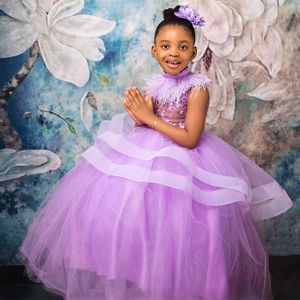 Feather Purple Flower Girl Dresses High Neck Lace Tiered Tulle Ball Gowns Flowergirl Dress Princess Queen Birthday Party Dress Gowns for Girls NF015